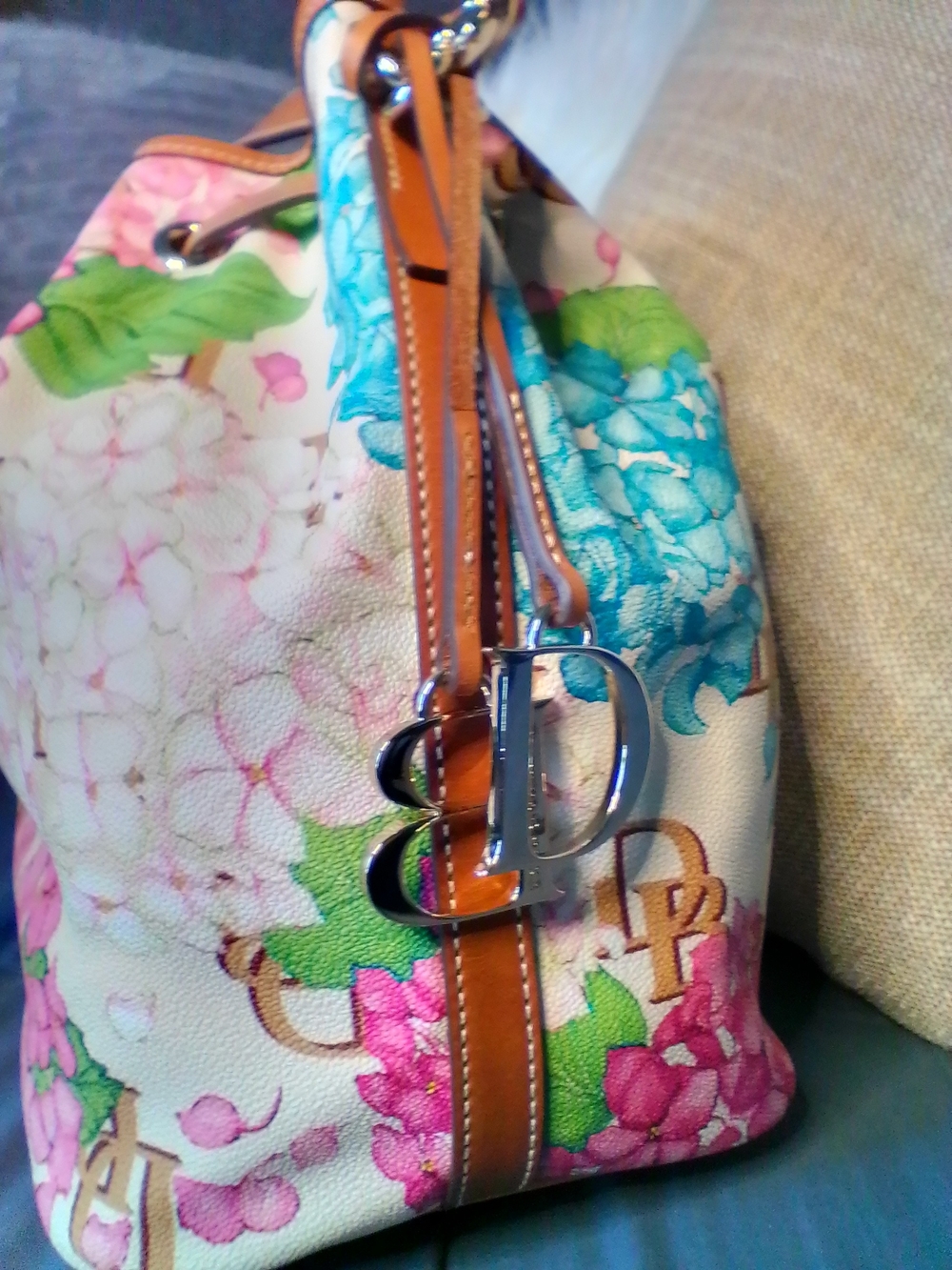Dooney & Bourke Hydrangea Drawstring Bucket Bag in Pink, Teal & Cream - Picture 13 of 14